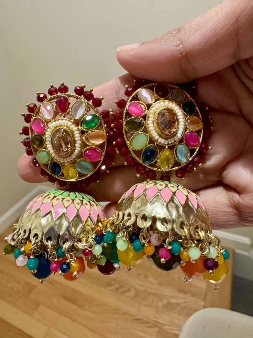 Notations Multicolor Beaded Jhumka Earrings with Pink Accents